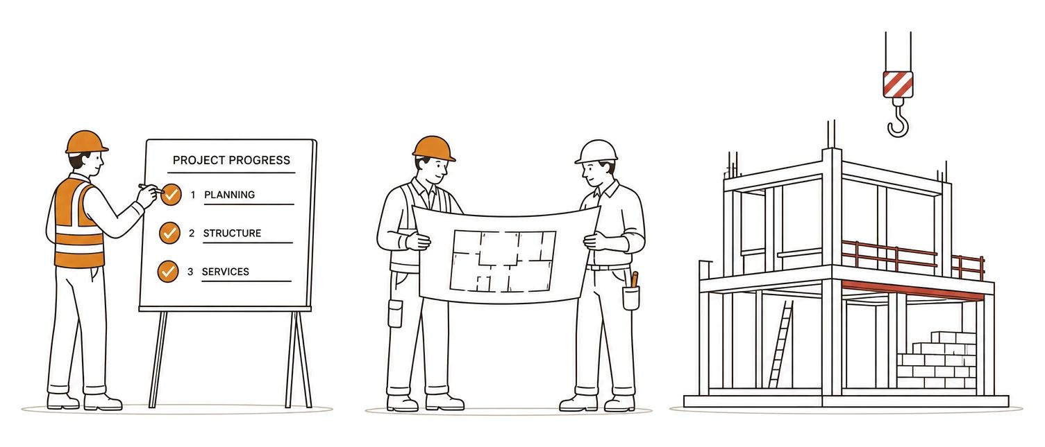 A site manager in a hard hat ticking off a progress board, two workers reviewing a floor plan, and a building frame rising under a crane hook