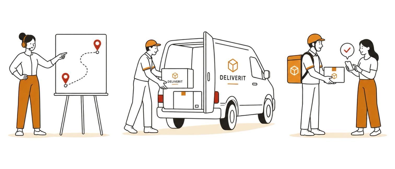 A dispatcher pointing at a route board, a worker loading parcels into a van, and a rider handing a parcel to a customer who confirms on her phone