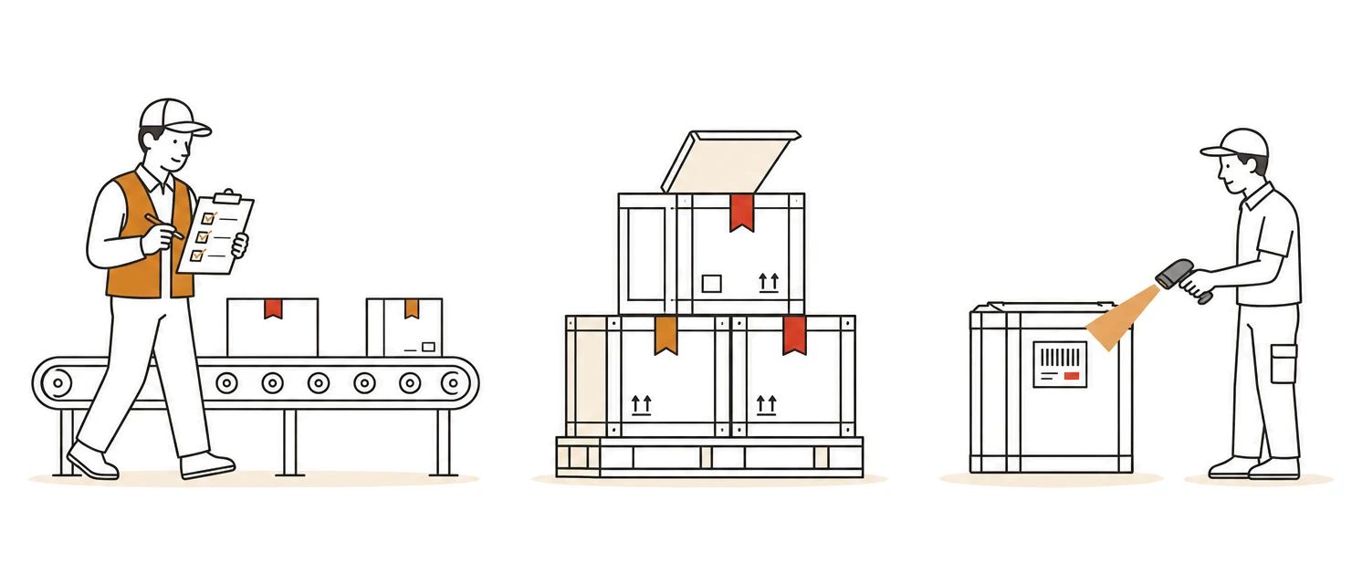A supervisor checking conveyor items against a clipboard, a pallet of crates, and a worker scanning a crate label