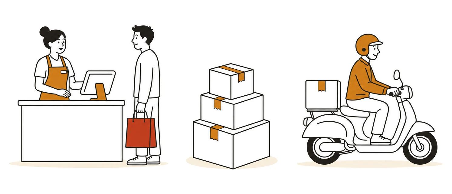 A shopkeeper serving a customer at the POS counter, parcels stacked for courier pickup, and a rider setting off with a delivery