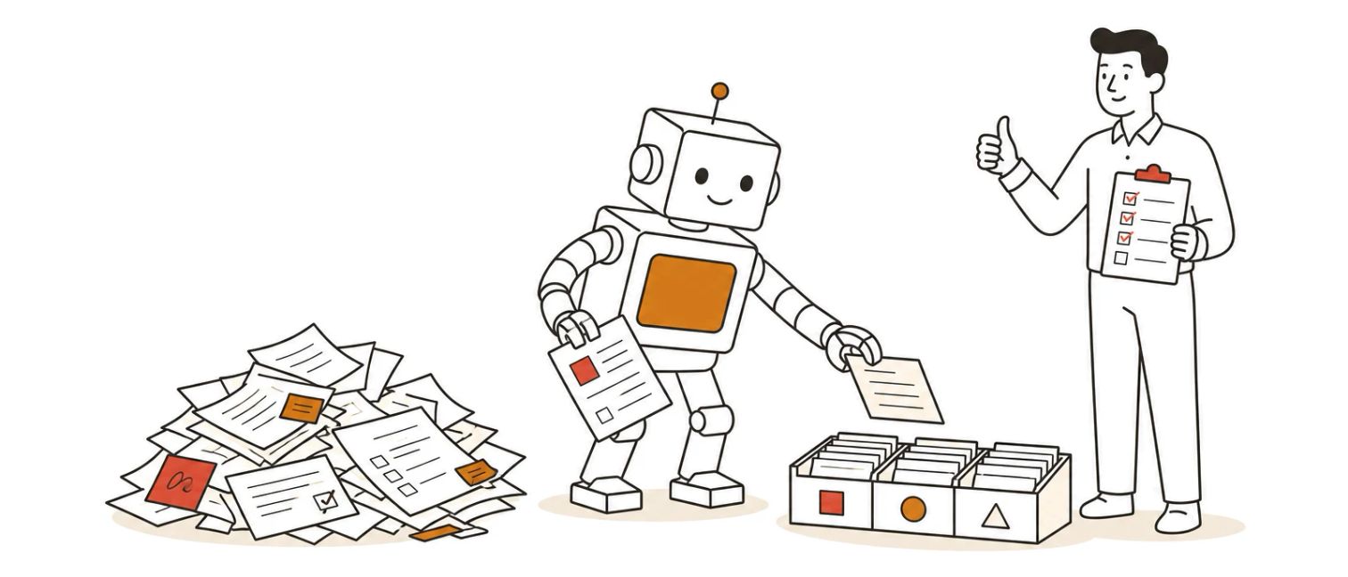 A friendly robot sorting a messy pile of documents into a tidy tray while a staff member supervises with a checklist and gives a thumbs up