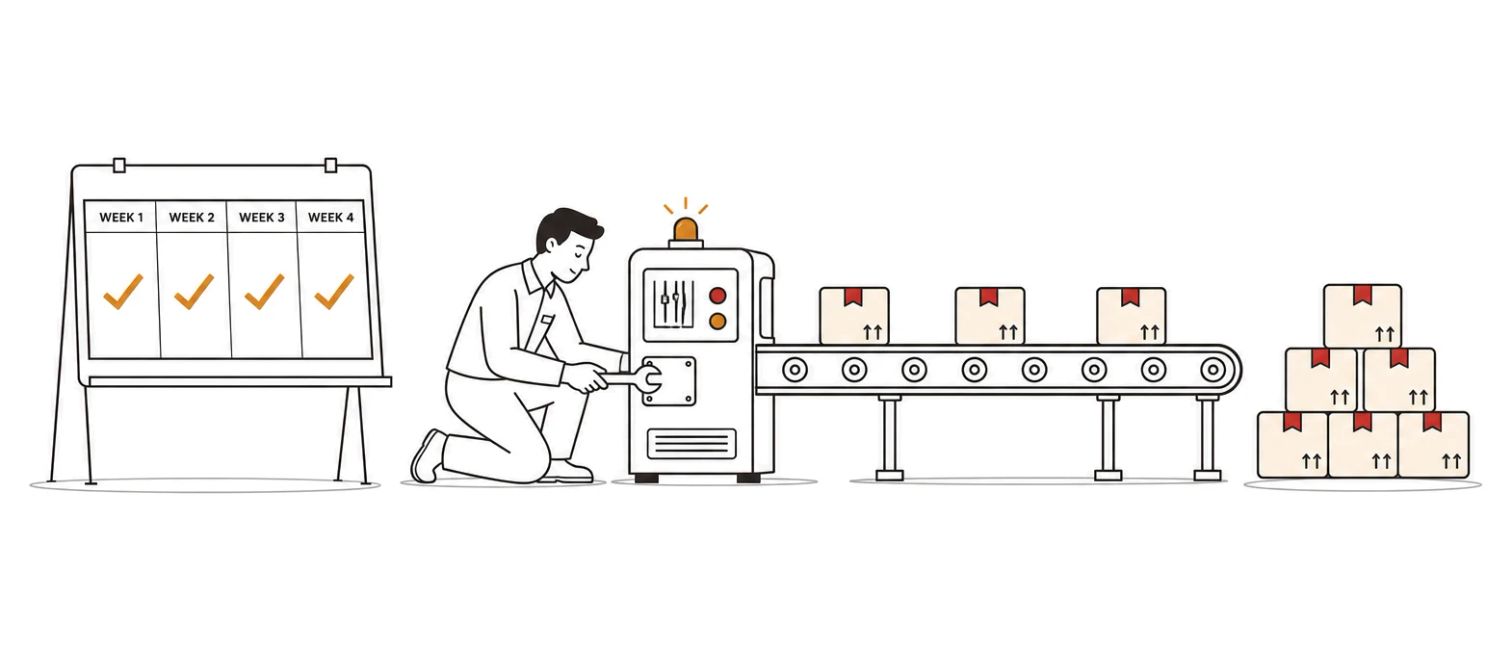 A technician calmly tuning a running conveyor that keeps delivering parcels, beside a four-week calendar with every week checked