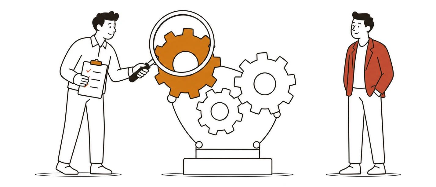 A consultant inspecting the gears of a machine with a magnifying glass and noting findings on a clipboard, while the business owner watches