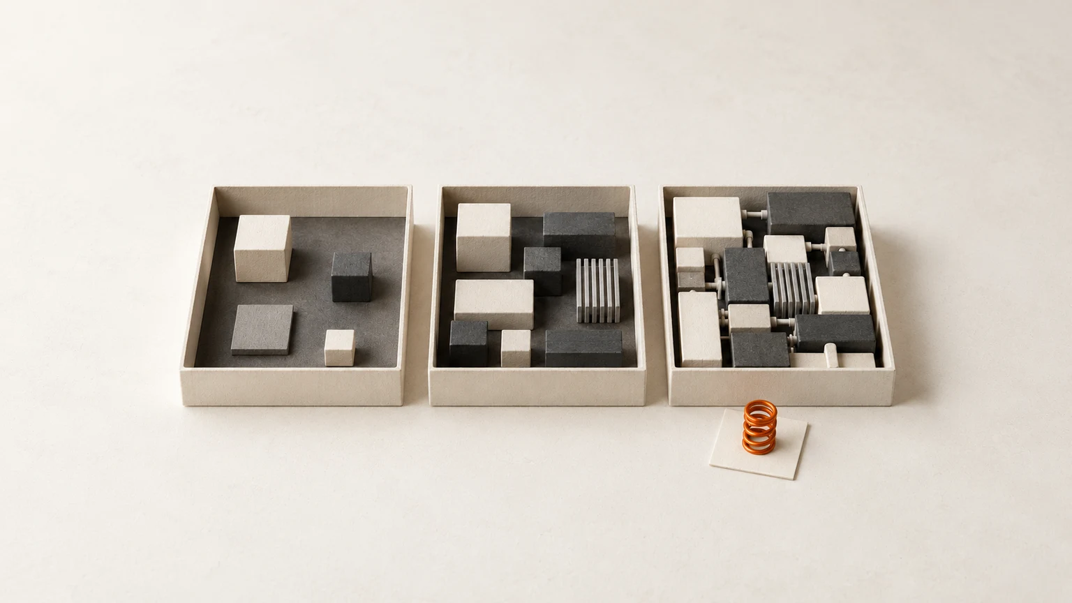 Three equal ivory trays contain increasing amounts of paper and graphite modules, with a small orange spring in front of the fullest tray.