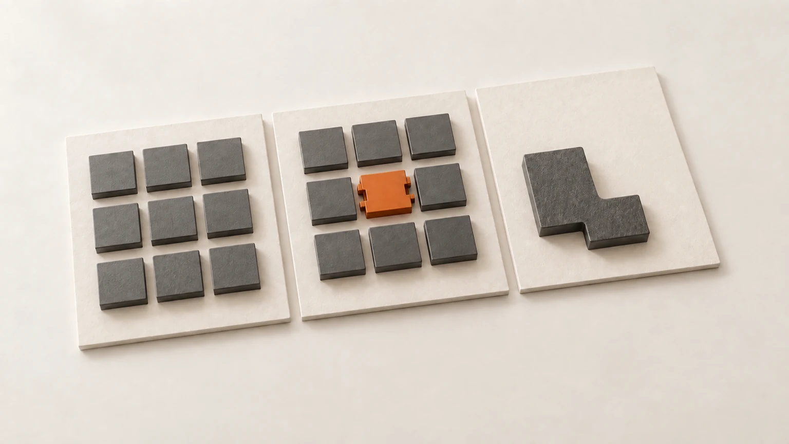 Three sets of modular parts compare standard, adapted and custom-made options.