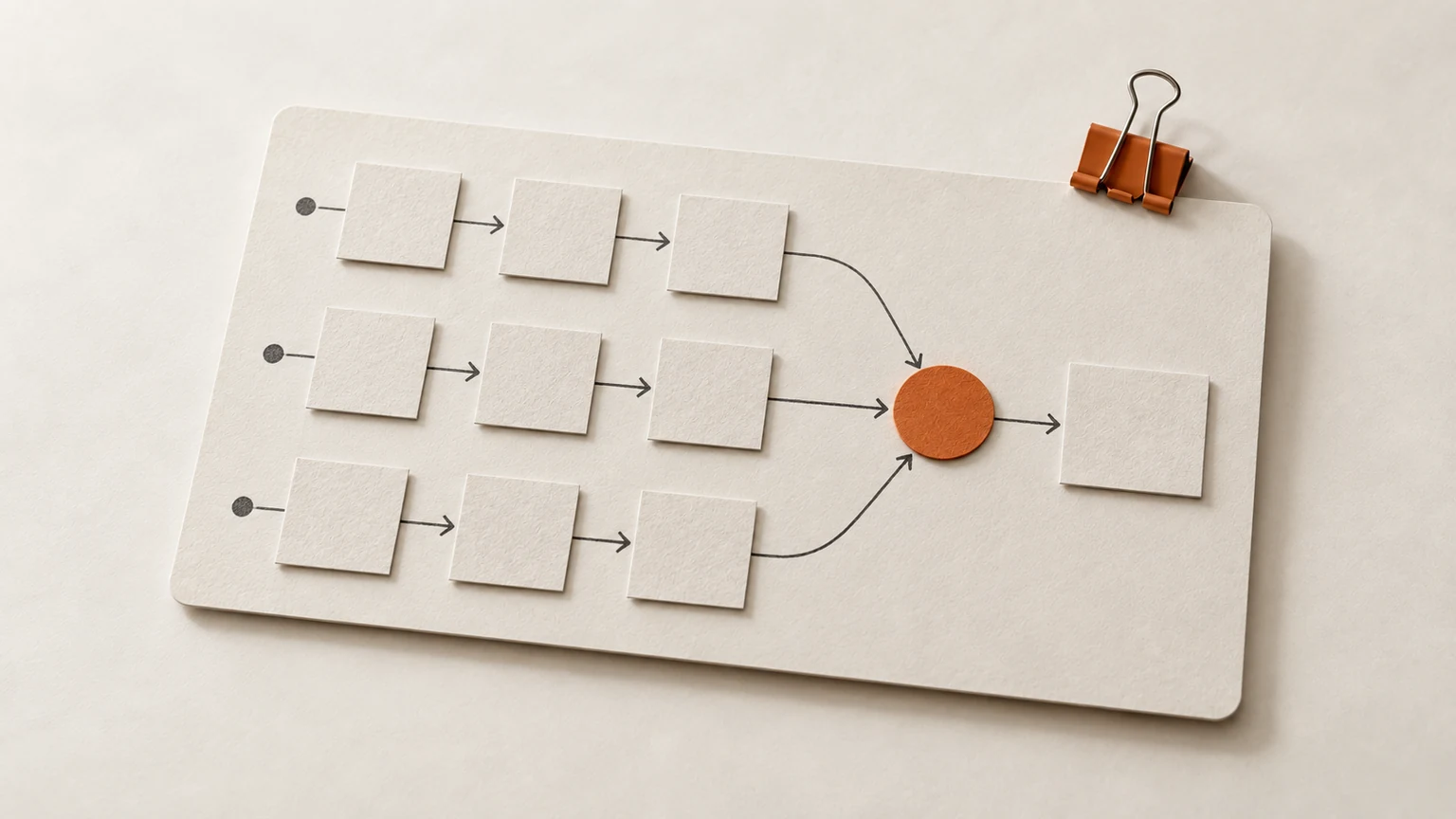 Three rows of task cards converge on one orange review marker in a shared delivery plan.