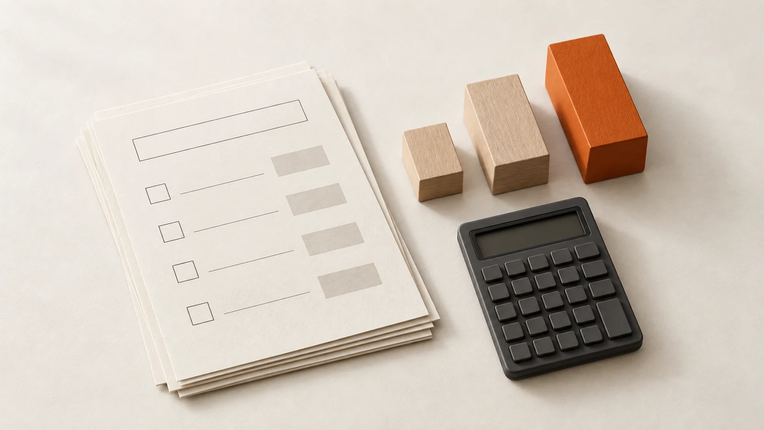 A calculator, scope sheets and differently sized blocks represent estimating software work.