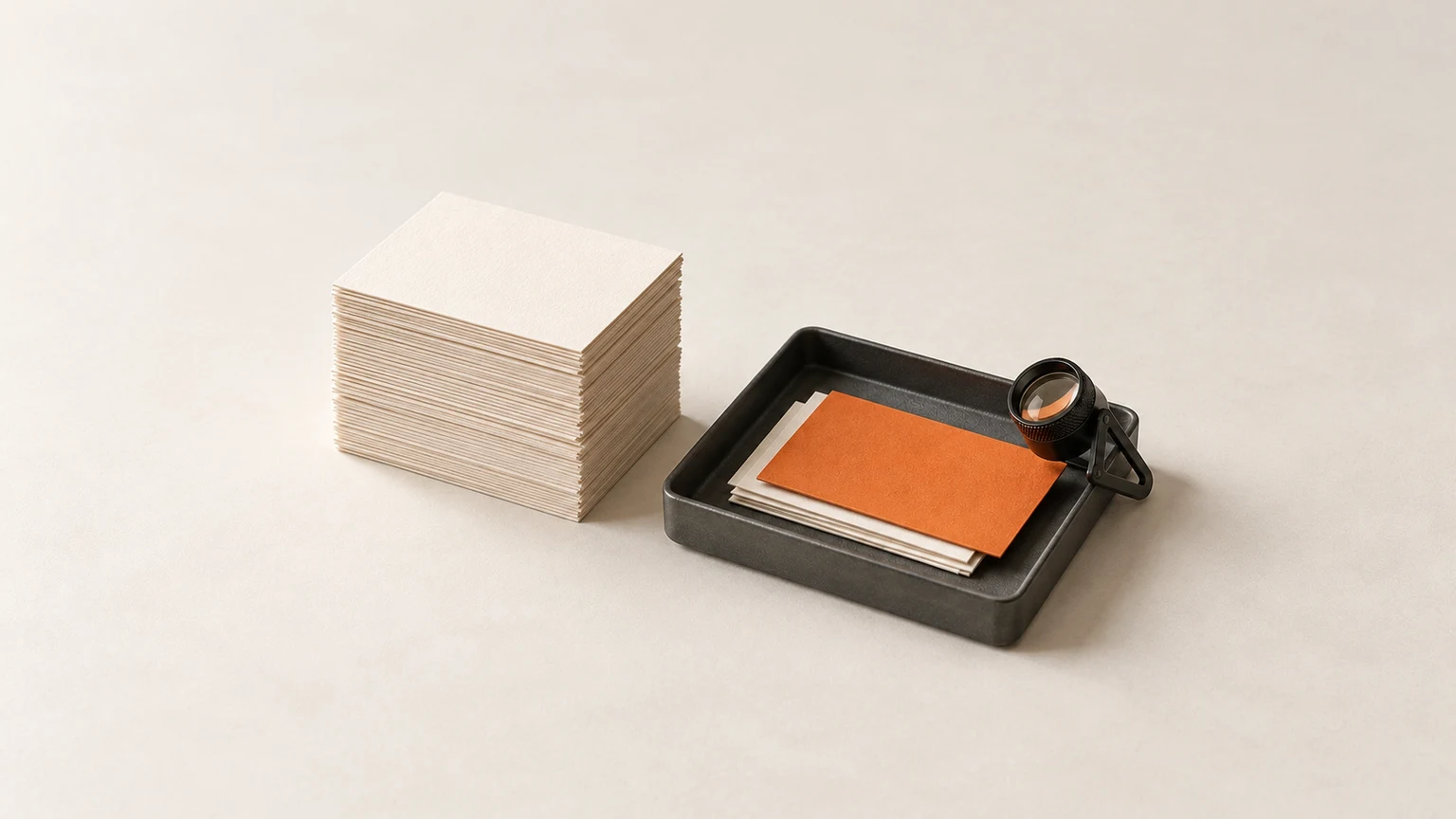 A tall stack of blank cream cards beside a graphite tray holding a few finished cards, topped by an orange card under a magnifying loupe.