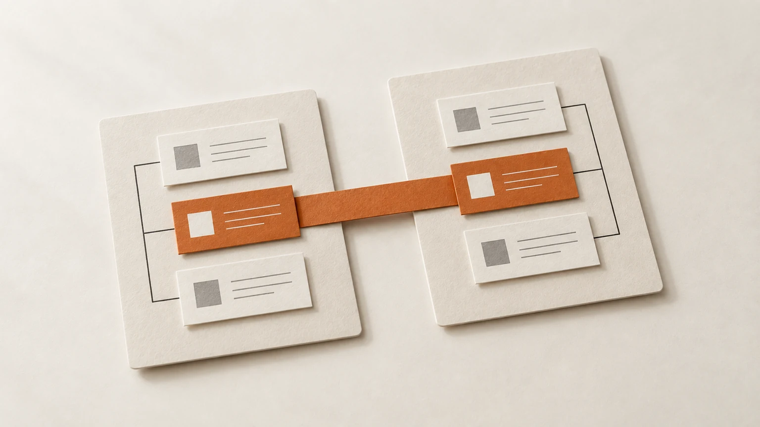 Two paper workflow boards share matching record cards through an orange connector.