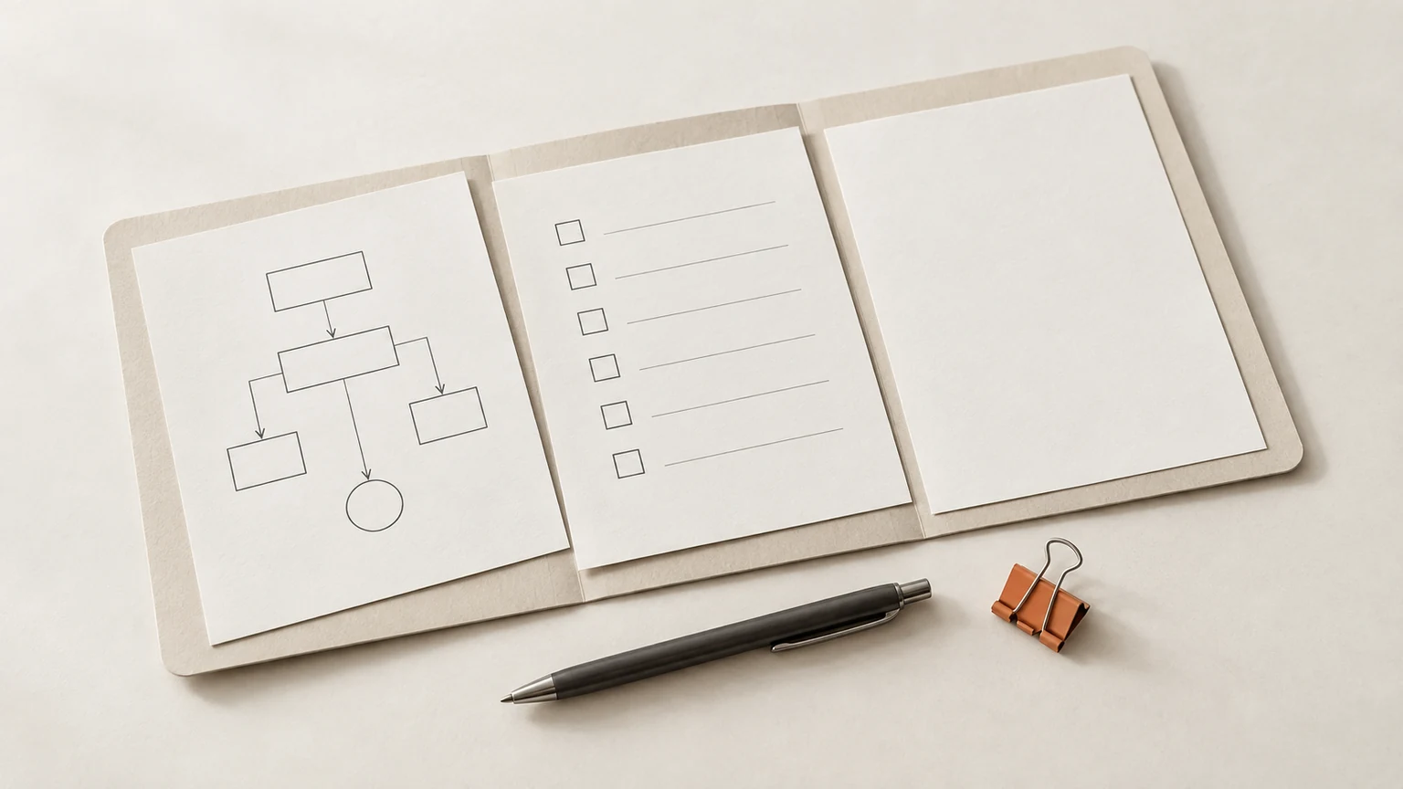 An open project folder holds a workflow sketch and checklist beside a pen and orange clip.
