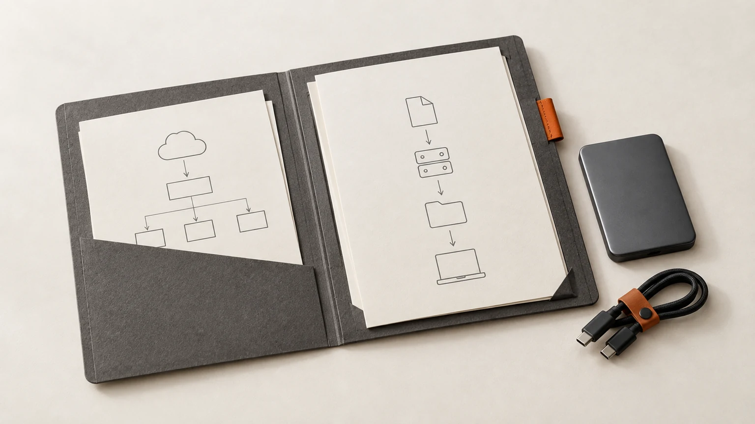 An organised project folio, external drive and cable form a software handover bundle.