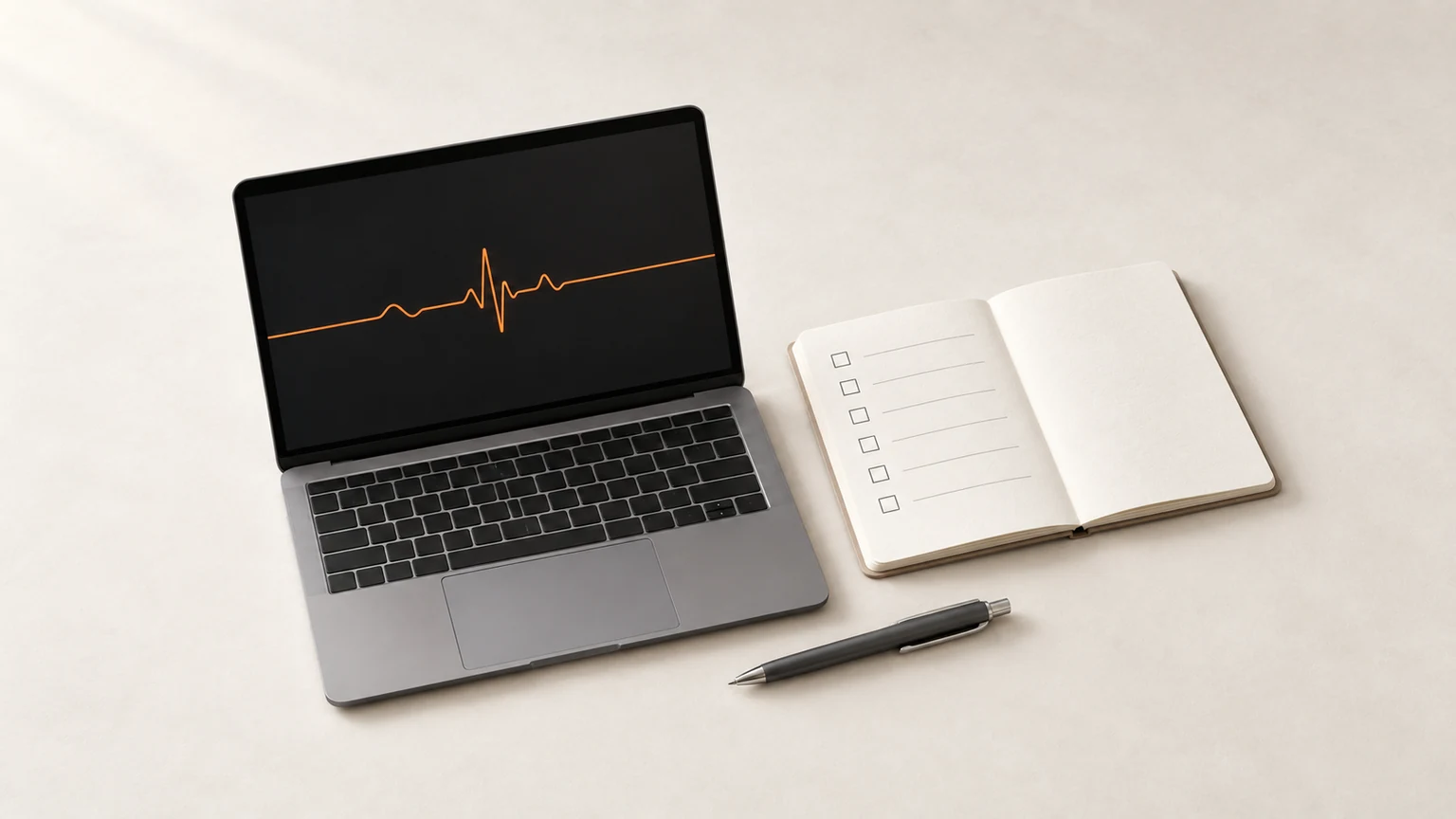 A laptop with a simple diagnostic line sits beside a software-care notebook and pen.