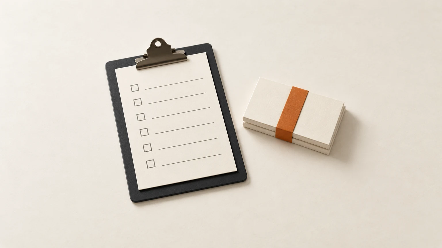 A graphite clipboard holding a card of empty checkboxes, beside a stack of cream index cards bound with a burnt-orange paper band.
