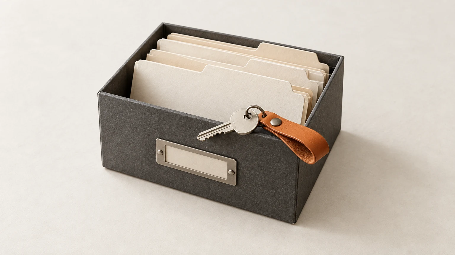 A key with an orange loop rests beside an archive box of organised account folders.
