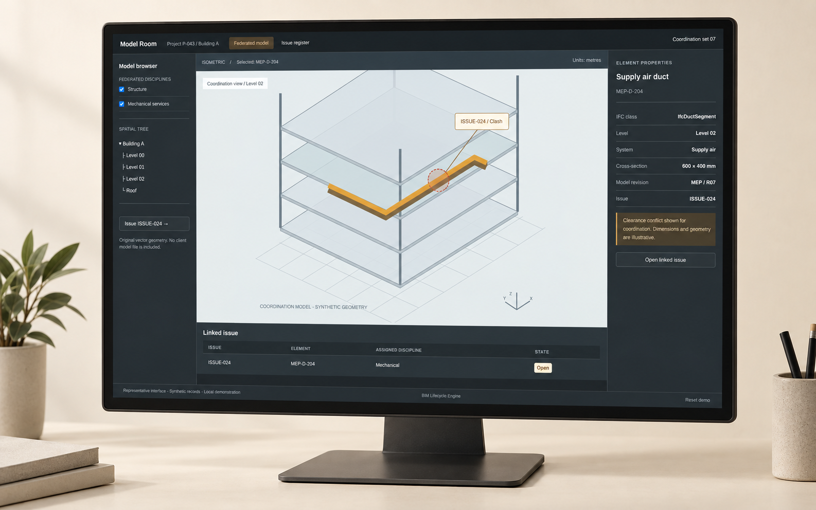 Building model viewer highlighting a duct clash on level two, with element properties and the linked issue