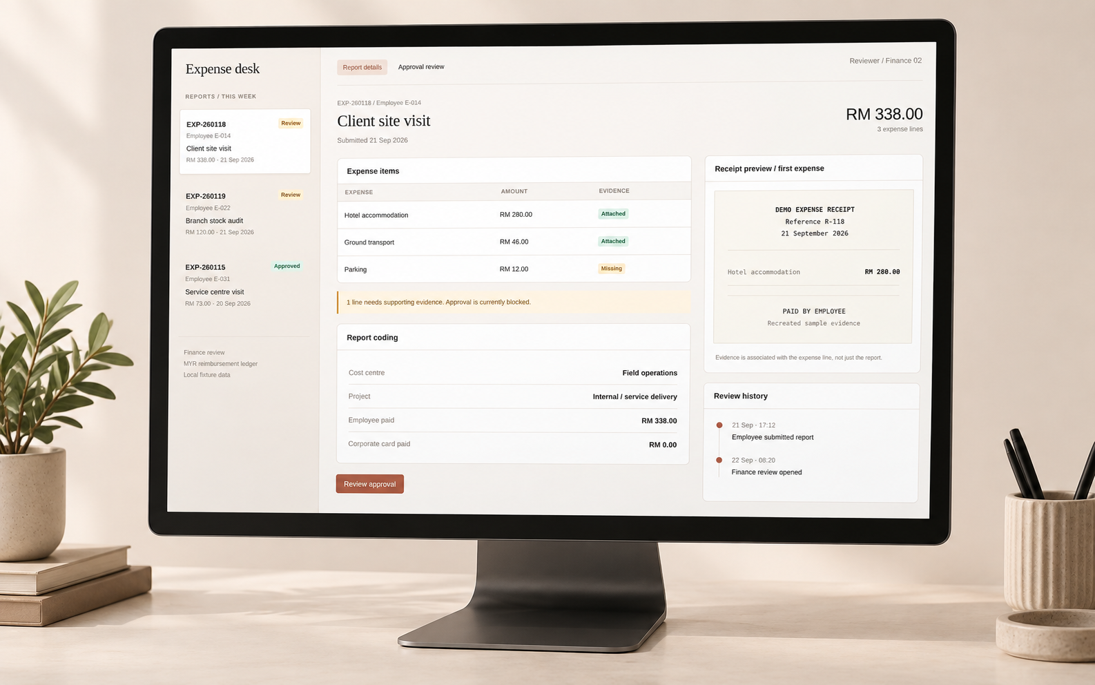 Expense desk showing a claim’s expense lines, attached receipts, a missing receipt that blocks approval and the review history