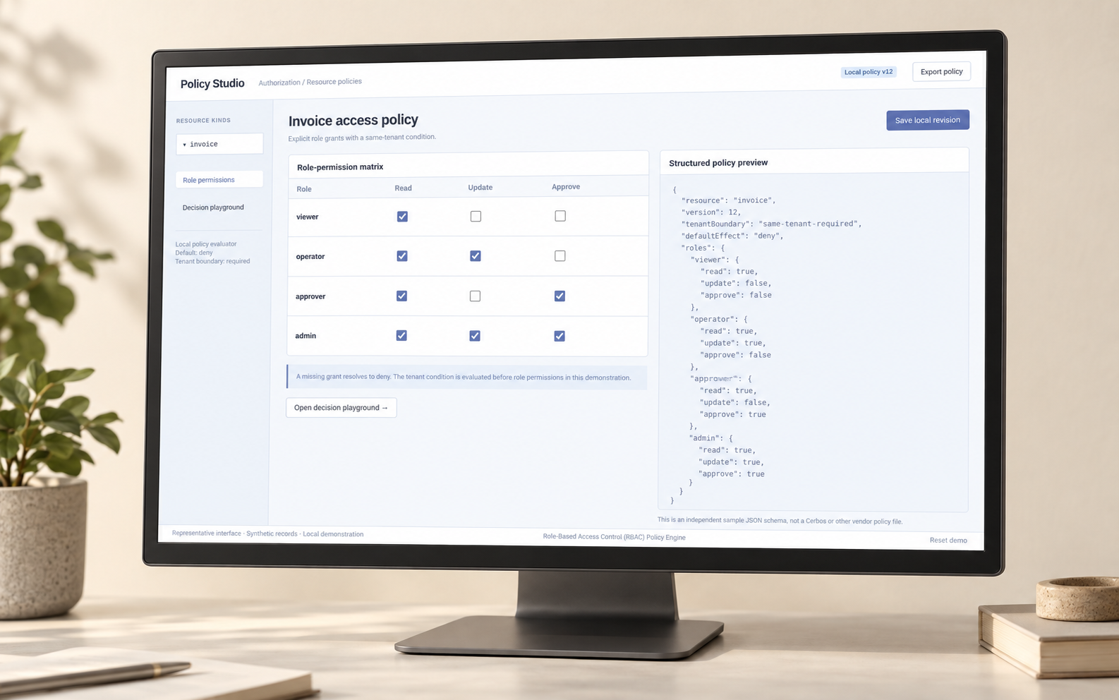 Invoice access policy with a permission matrix for viewer, operator, approver and admin roles beside the policy definition