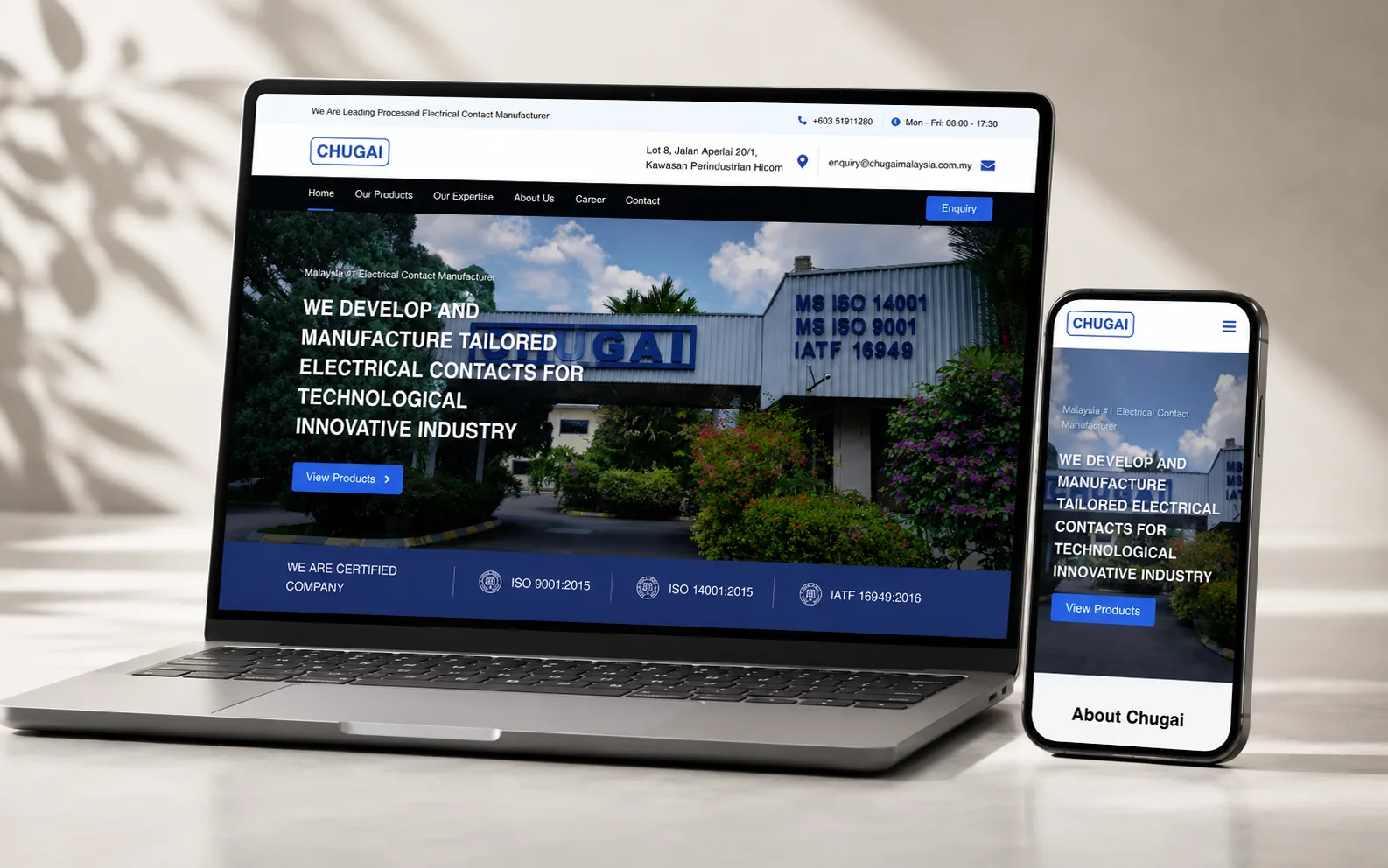 Chugai corporate website hero with manufacturing facility photo and ISO certification strip