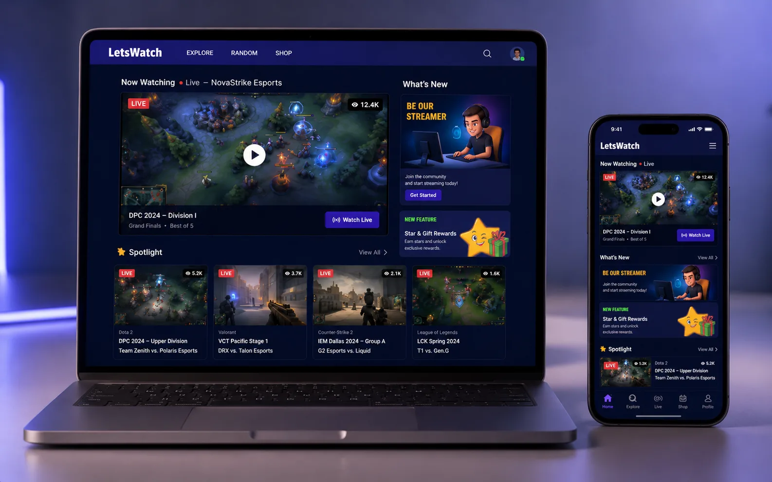 LetsWatch live streaming platform with a live player, what’s new panel and spotlight stream grid
